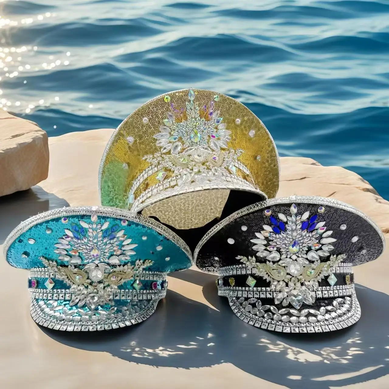 

Rhinestone Captain Hat Women, Cosplay Cap, Luxury Festival Hats, Burning Man Halloween Anime Convention Costume Accessories