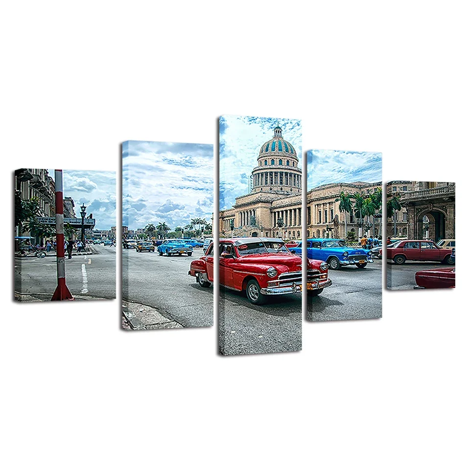 Arte de pared sin marco, pinturas de ciudades de coches de Havana Cuba, imágenes en lienzo, decoración del hogar, sin marco, 5 piezas, impresiones de HD, carteles de paisaje