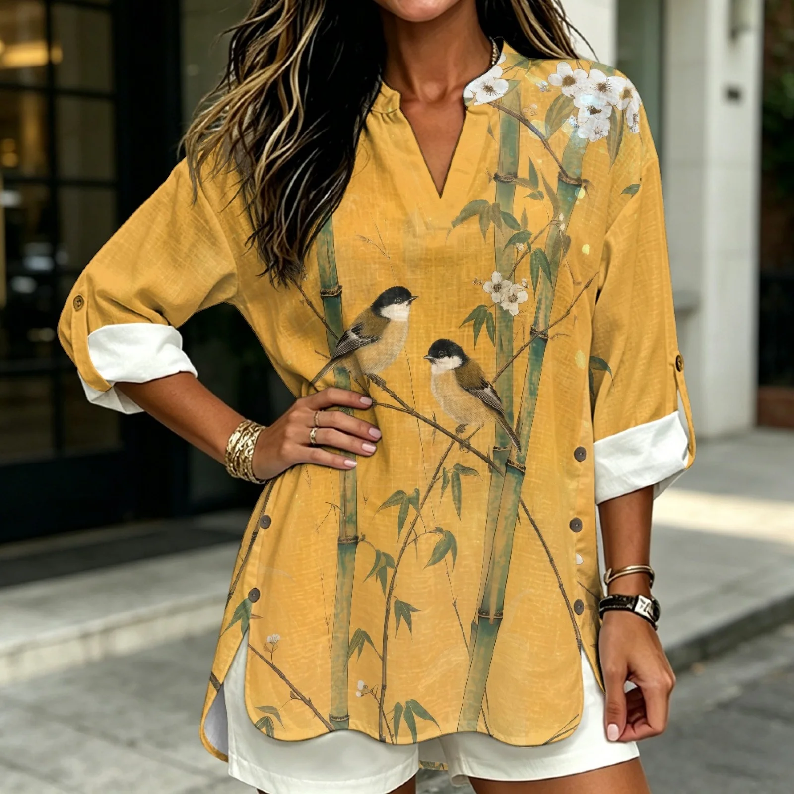 PENSTROLL Bamboo Bird Floral Relaxed Fit Tunic Top for Womens Linen Like Women's Long Sleeve Shirts Tunic Tops
