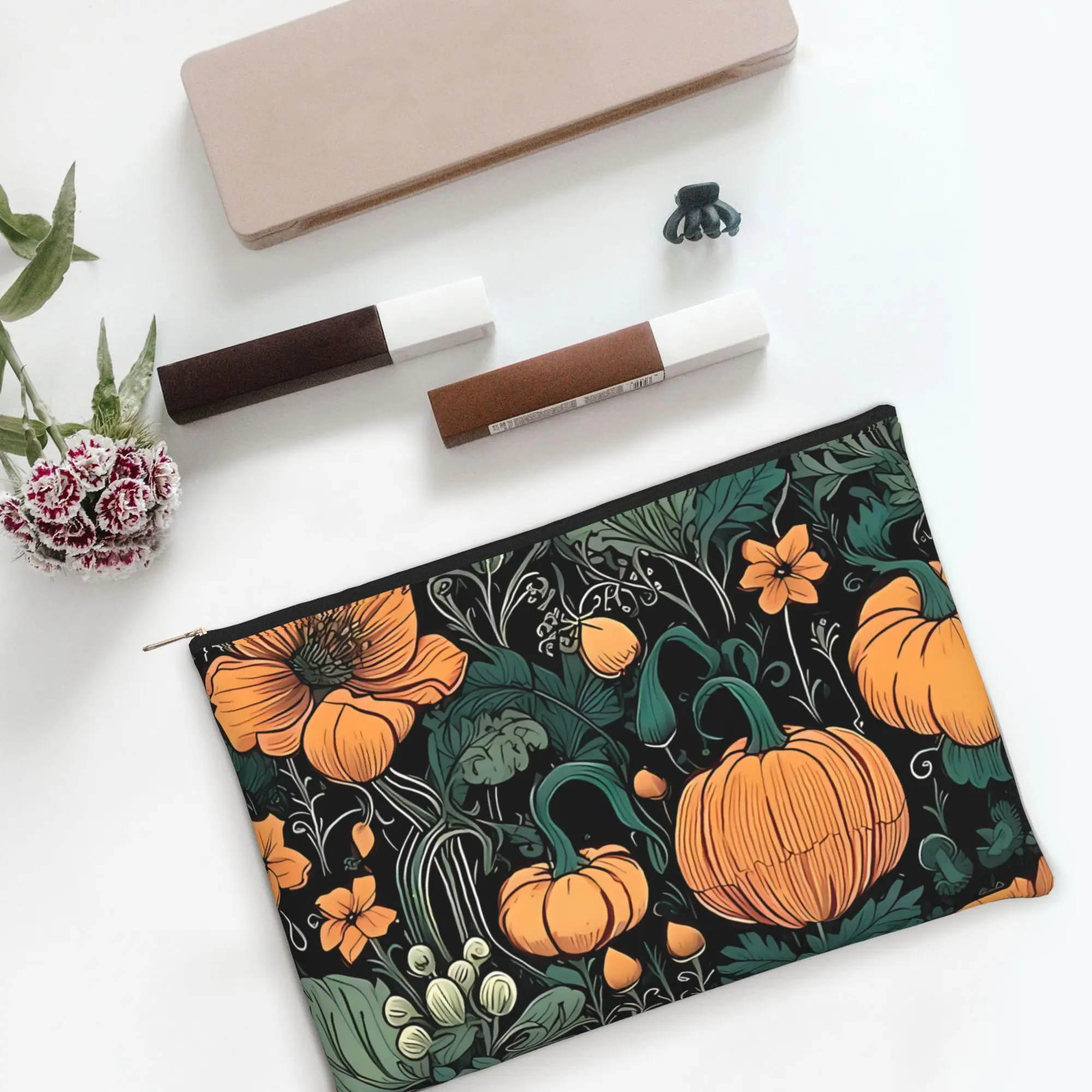 Stylish Cute pouch Floral Halloween Pumpkin Print  Makeup Bag  Toiletry Bag with Zipper
