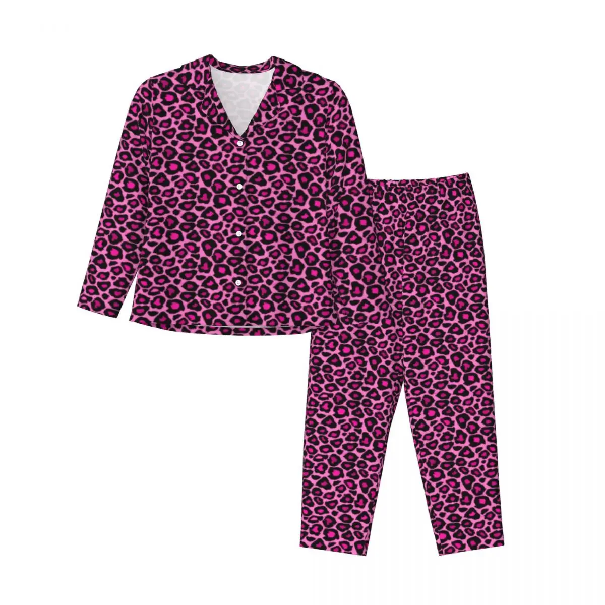 Pink Leopard Pajamas Female Animal Fur Print Warm Night Sleepwear Autumn 2 Pieces Loose Oversized Custom Pajamas Set