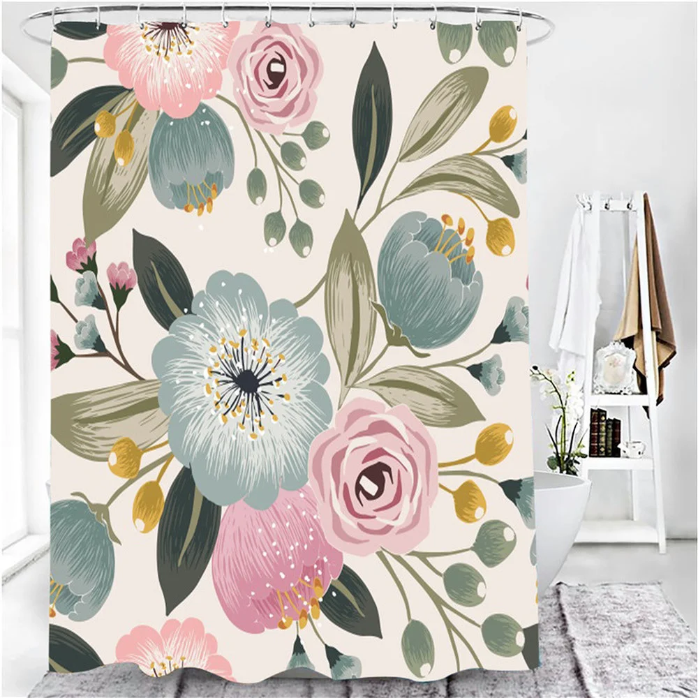 Pink Flowers Rose Elegant Printed Shower Curtain Set Waterproof Women Bathing Bathroom Pedestal Rug Lid Carpet cortina ducha