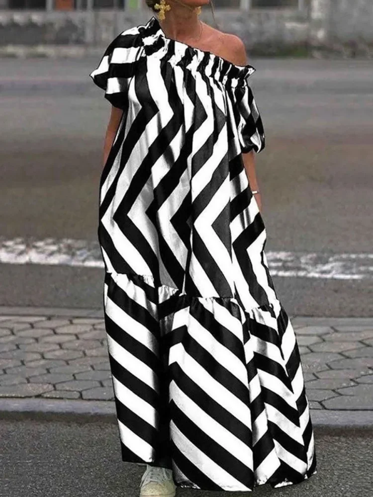 

Bonboho Floor Length Loose Dress for Women Black and White Cold Shoulder Puff Sleeve Maxi Dress Spliced Pleated Striped Dress