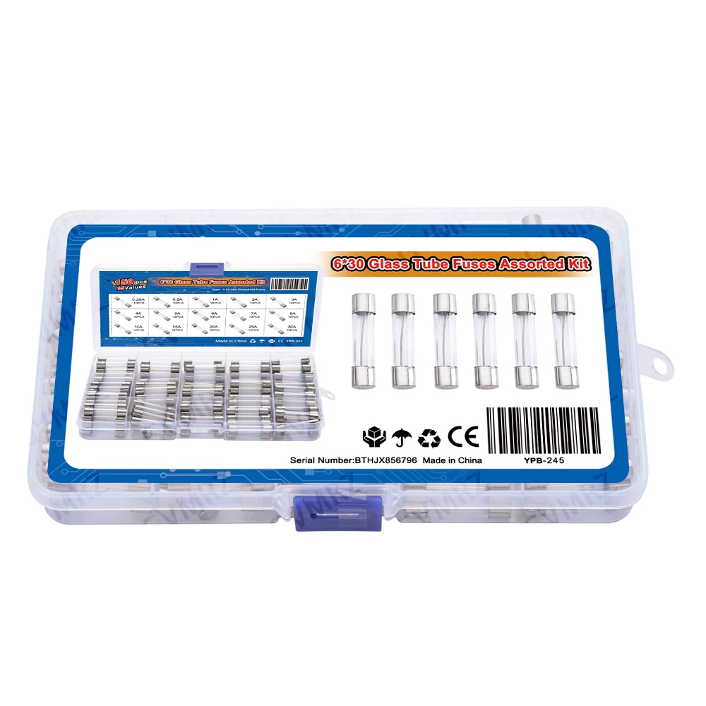 150PCS 15Values 6*30 Glass Tube Fuses Car Glass Tube Fuses Assorted Kit 6X30 with Box fusiveis 0.1A-30A Household Fuses 6x30