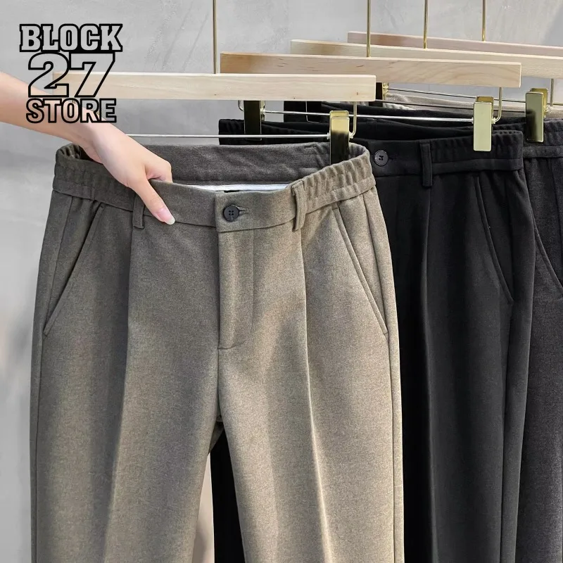 Mens Pants Woolen Straight Loose Brushed Long Trousers Business Casual Nine Point Dress Pants Style Streetwear Harajuku Fashion