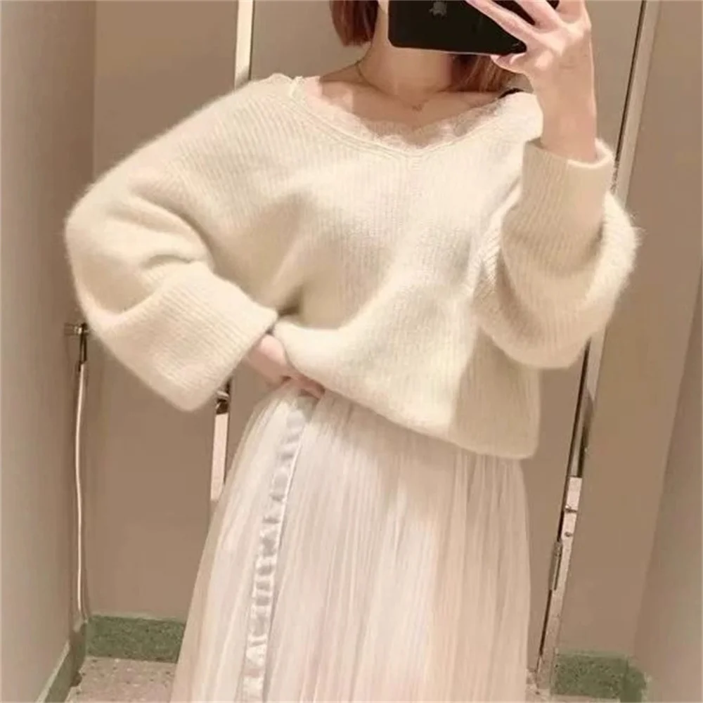 Fashion Elegant Lace Patchwork Pullover Sweater Loose Casual Long Sleeve Pullover Female 2025 Autumn Winter Japanese Knitwear 2 Fashion Elegant Lace Patchwork Pullover Sweater Loose Casual Long Sleeve Pullover Female 2025 Autumn Winter Japanese Knitwear 2
