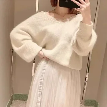 Women's Lace Patchwork Knit Pullover 2 Fashion Elegant Lace Patchwork Pullover Sweater Loose Casual Long Sleeve Pullover Female 2025 Autumn Winter Japanese Knitwear 2