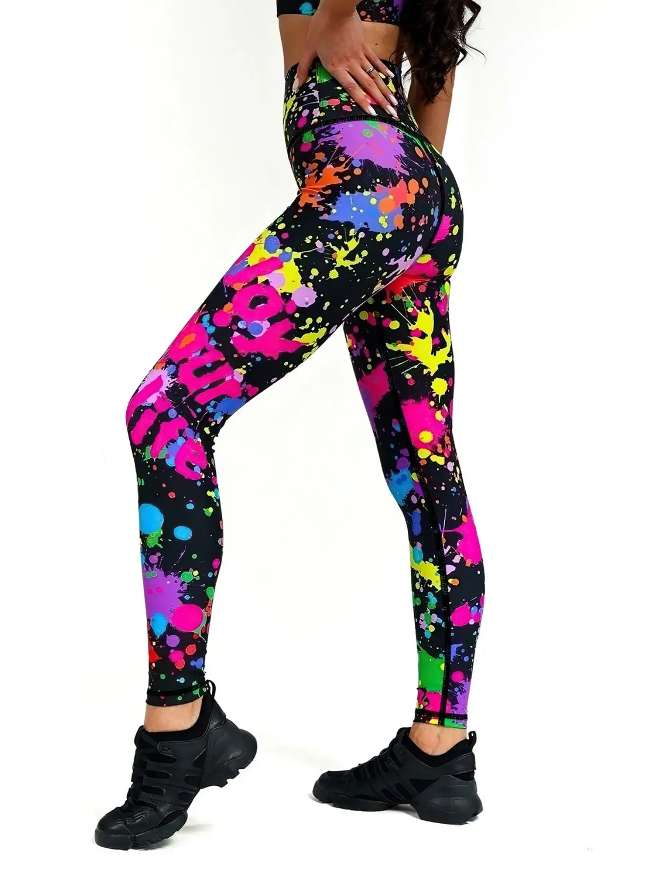 Women's  Letter & Splash Ink Print High Waist Leggings, Casual Comfy Skinny Pants for Yoga Gym Workout, Ladies Bottoms for All S