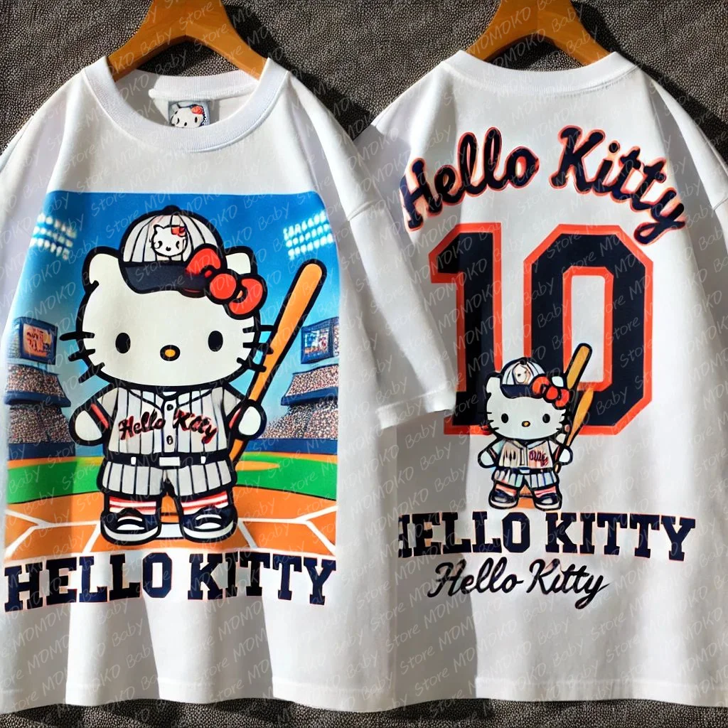 2024 New Sanrio Hello Kitty Print Tshirts Children\'s Cotton T-shirt Baseball No 10 Printed Tshirts Fashion Birthday Gift For Kid