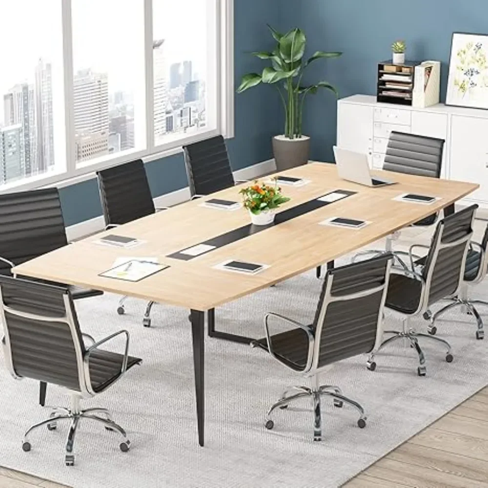 8FT Conference Table,52H Inches Boat Shaped Meeting Table with Rectangle Grommet Table for Office Conference Room