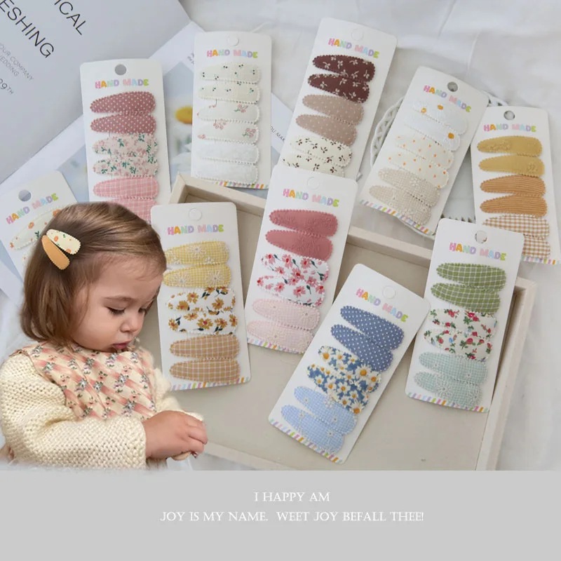 6pcs Fabric Hair Clips Flower Print Cotton Alloy Hair Side Clips Fabric Plaid Hairpins Girls Kids Headwear Baby Hair Accessories