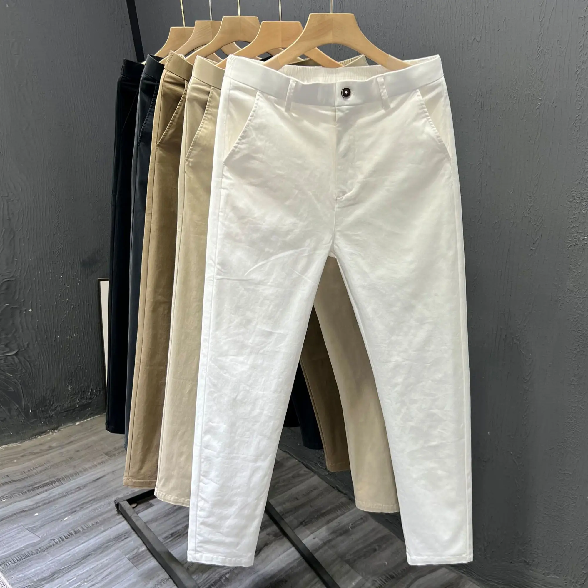 Men's Summer Thin Straight Leg Casual Pants White Slim Fit Nine Points Trendy Cotton Leisure Trousers Versatile Simple Design