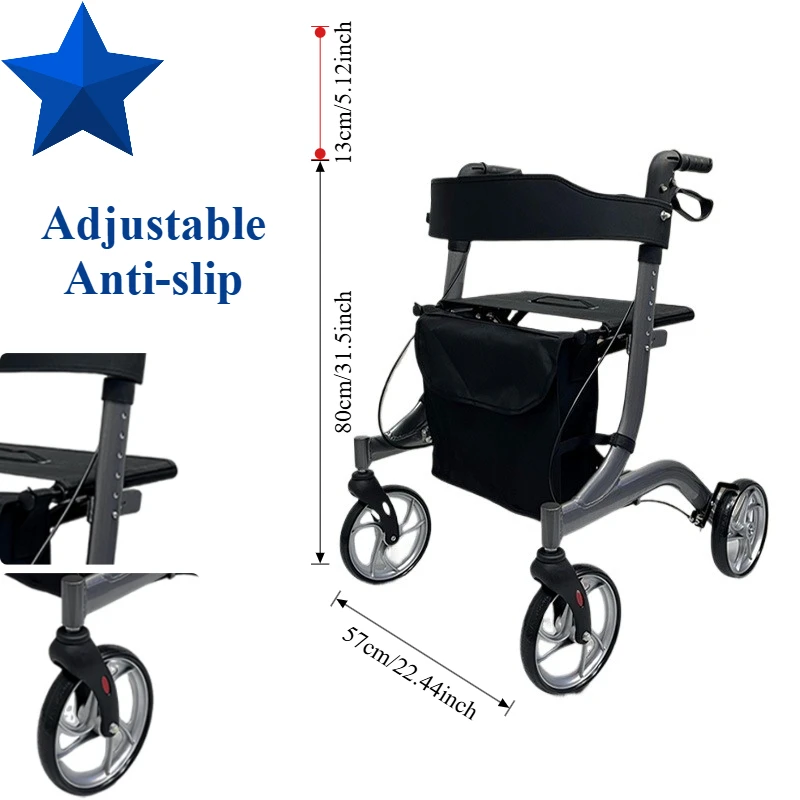 4-Wheel Rollator for Elderly - Rehabilitation Walking Aid with Shopping Cart Anti-Fall Mobility Walker