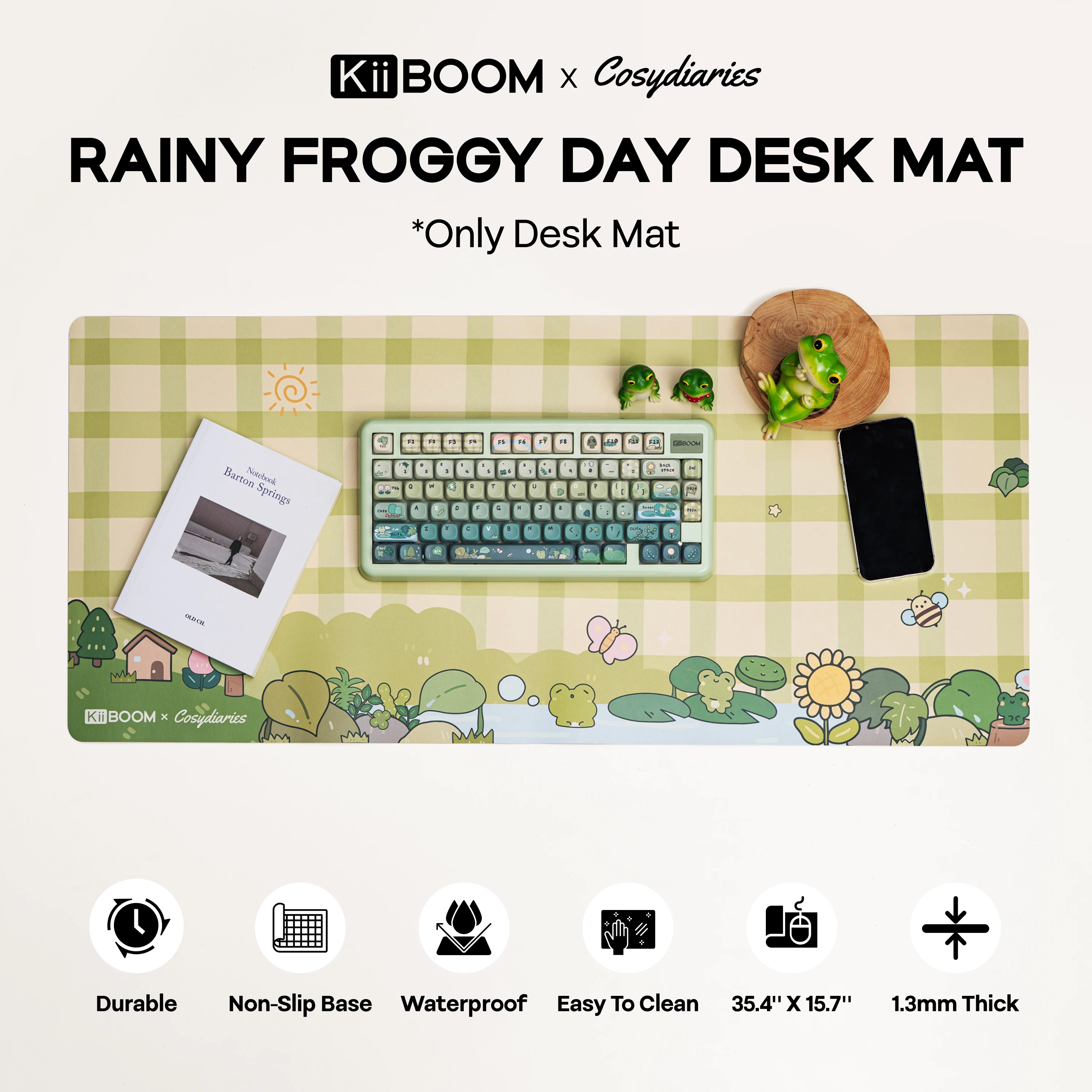 Custom KiiBOOM x Cosydiaries Rainy Froggy Day Desk Mat 35.4 x 15.7 Inch PU Leather Gaming Office Pad for Keyboard Mouse Laptop