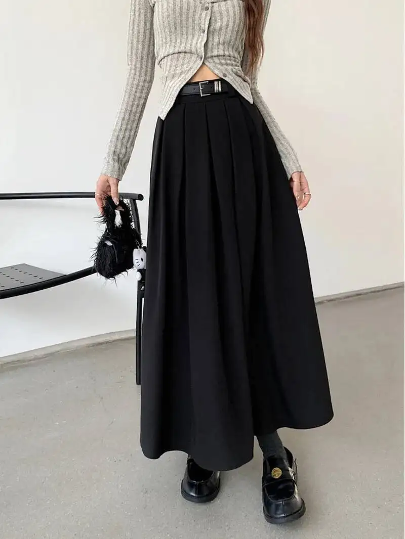 

2025 New Korean Skirt Women Solid Color Versatile Mid-length Pleated Skirt Large Swing Type Skirt Female Long For Women QJ5T