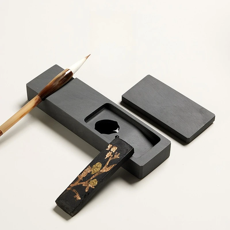 Chinese Calligraphy Inkstone Natural Stone Paperweight with Lid Ink Grinding Sumi Ink Stone for Beginners Students Calligraphy