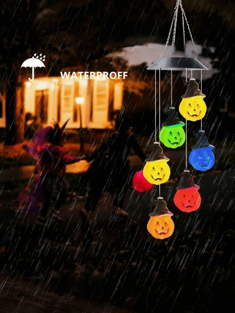 Halloween Wind Chime Light Color Changing LED Hanging Decoration Pumpkin Skull Ghost Eyeball for Porch Garden Party Decor