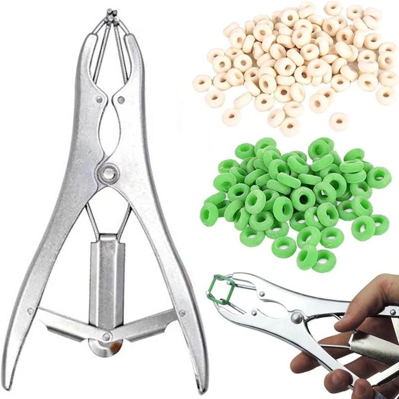 AT69 -Goat Banding Kit, Banding Snap Clamps With 150 Pieces 2 Size Rings, Ring Installation Tool For Livestock Farm