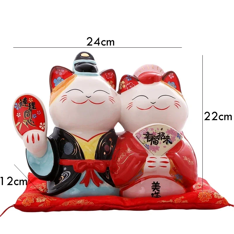 

9.4 Inch Ceramic Maneki Neko Ornament Couples Lucky Cat Home Decorative Wedding Gift Feng Shui Piggy Bank Money Box Figurine