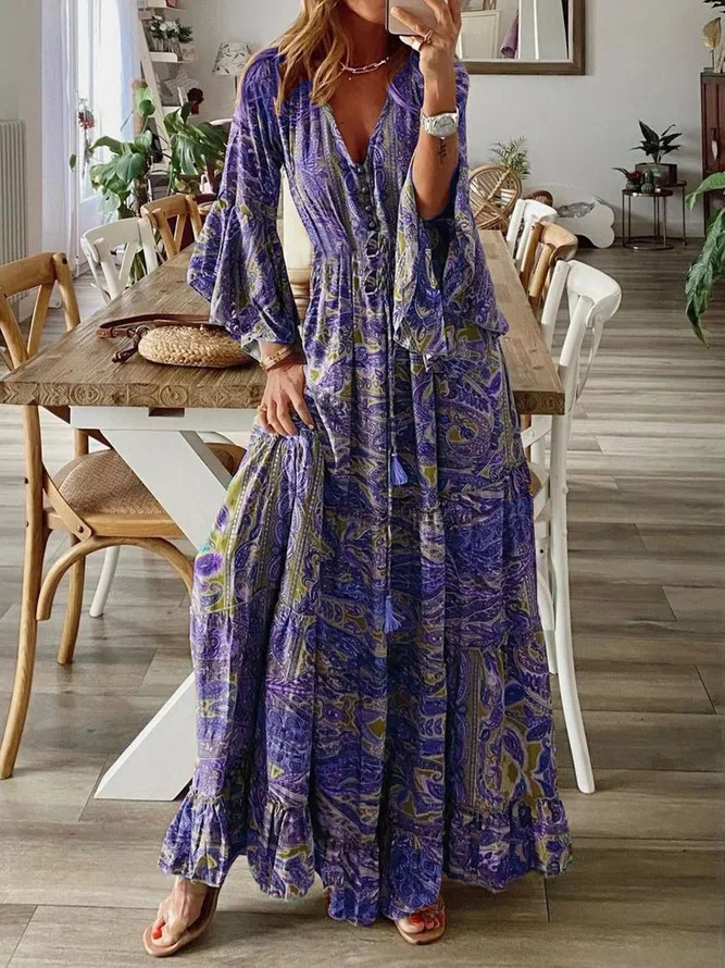 

Women's Bohemian Dresses Summer Fashion Bell Sleeve Printed V-Neck Design & High Waist Holiday Dress Floral Long Dress