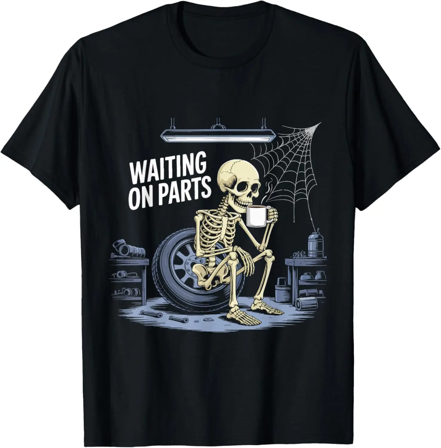 Funny Waiting On Parts Mechanic Skeleton Auto Repair Life T-Shirt 100% Cotton Trendy Y2K Short-Sleeve Tee-Soft, Quick-Drying,