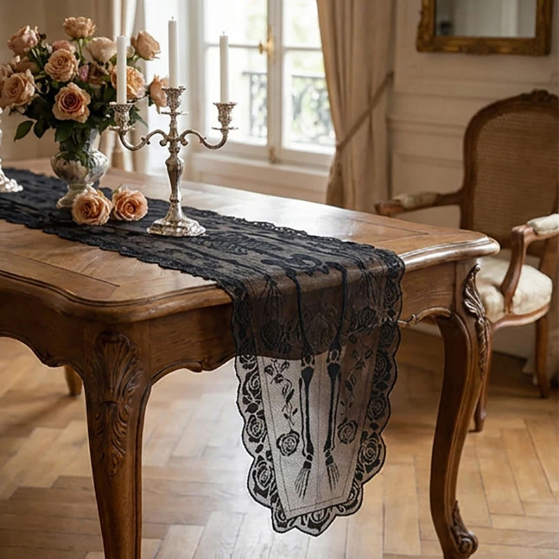 Halloween spooky skull table flag, rose lace trim, haunted house / party table decoration cloth