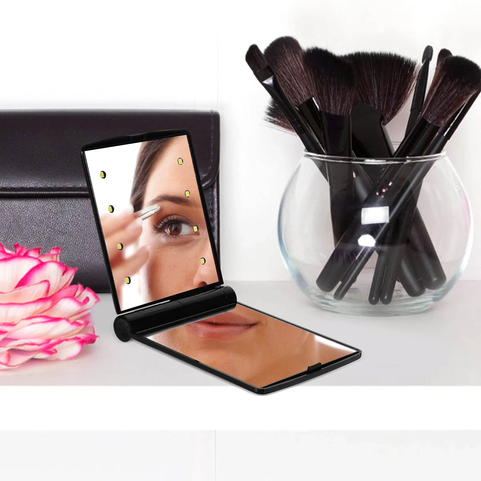 

Foldable LED Makeup Mirror Black Small for Purse Travel Vanity H held Pocket Glossy Clear Surface Eco Friendly Durable