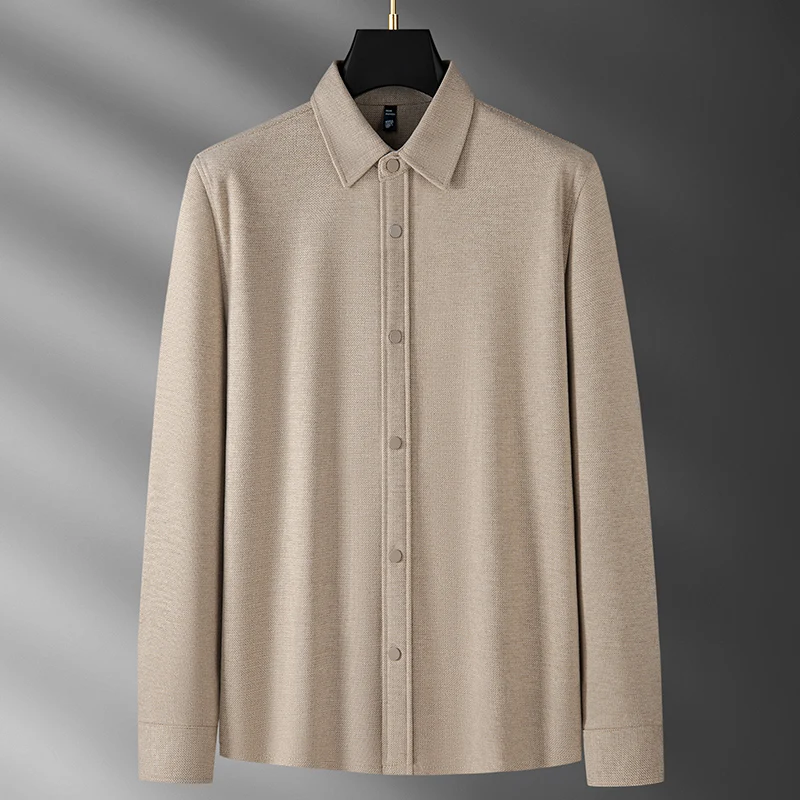 Autumn and Winter Thickened Woolen Shirt for Men, Long-Sleeved, Fashionable, Slim-Fit, High-End, Light Business, Brushed Casual Turn-Down Collar Shirt