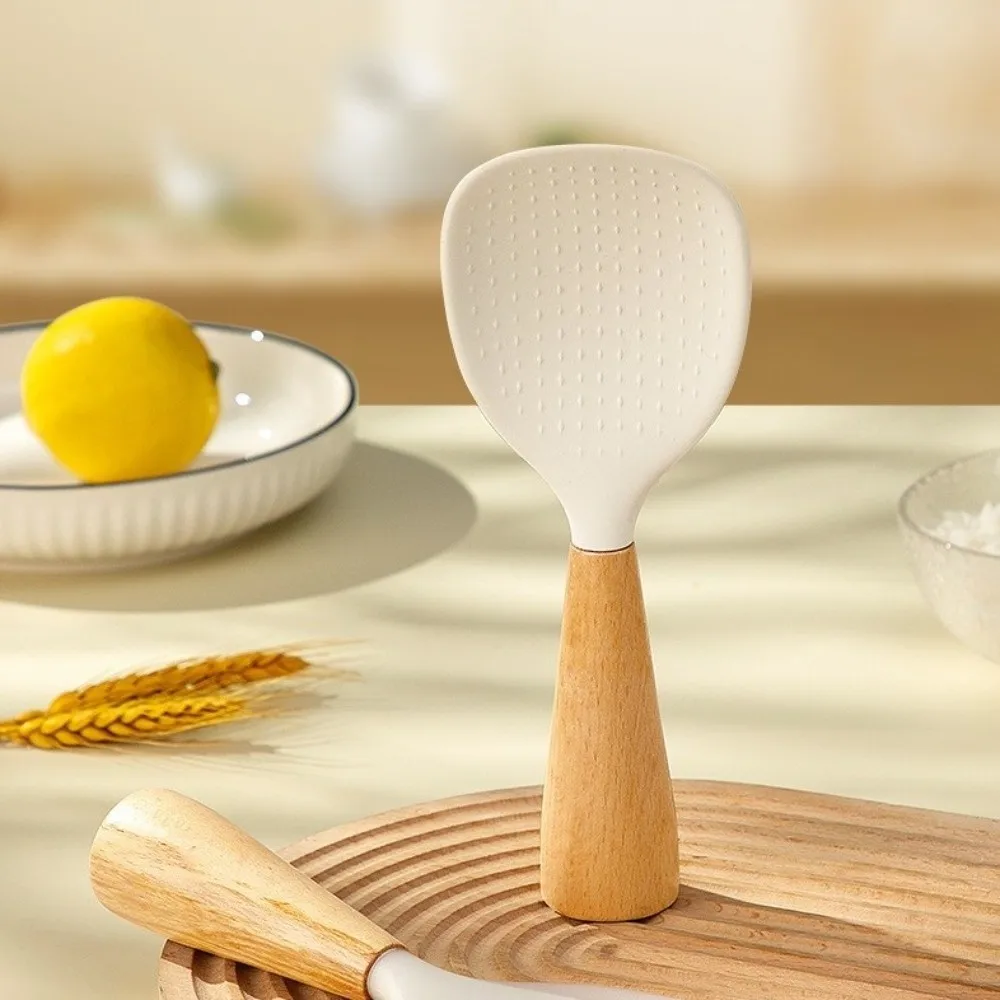 Wood Handle Silicone Rice Paddle Heat Resistant BPA-Free Rice Cooker Rice Shovel Non Stick Silicone Spoon Canteen Serving