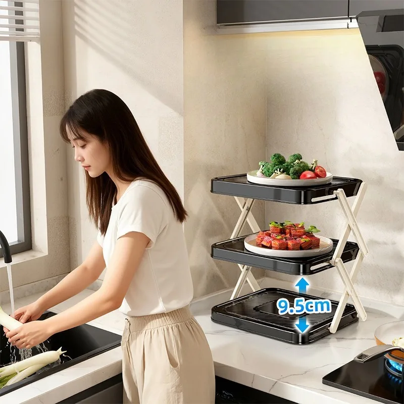 Foldable Multi-tier Kitchen Prep Rack with Serving Trays Versatile Solution for Hotpot Ingredients Kitchen Accessories Organizer