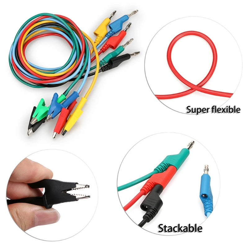 Crocodile Clip 5PCS 4mm Stackable Colorful Silicone Banana Plug to Alligator Clip Multimeter Test Probe Lead Wire Cable 1M