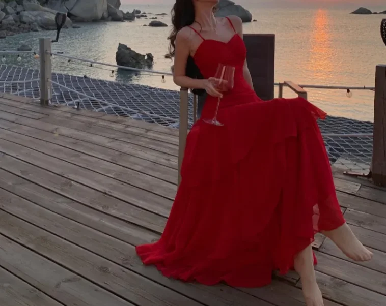 

Summer Red Camisole Dress Woman 2025 Temperament Elegant Slim Fit Waist Cinched Ruffle Hem Beach Dress Woman Urban A-Line Dress