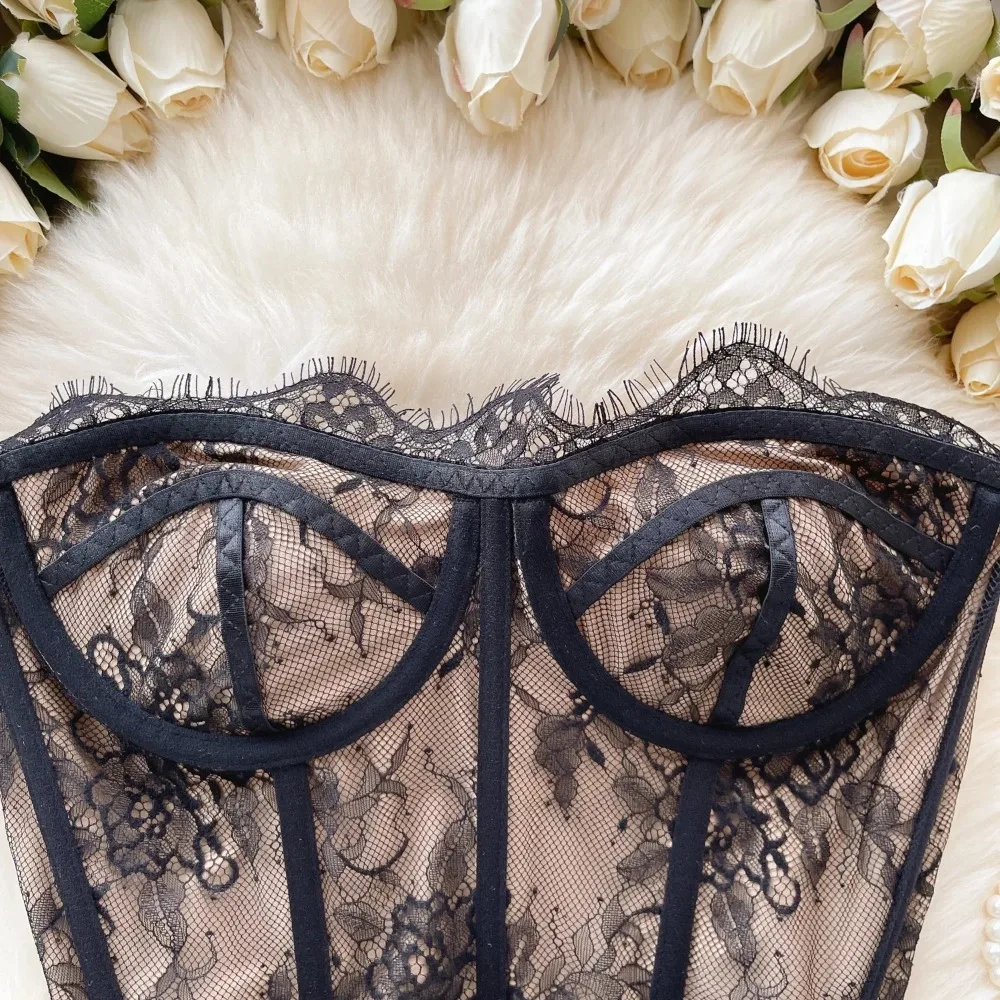 Sexy Lace Crop Off Shoulder Tube Top Strapless Chic Camis Slim Korean Tanks Top Corset Sleeveless Crop Top Backless Women