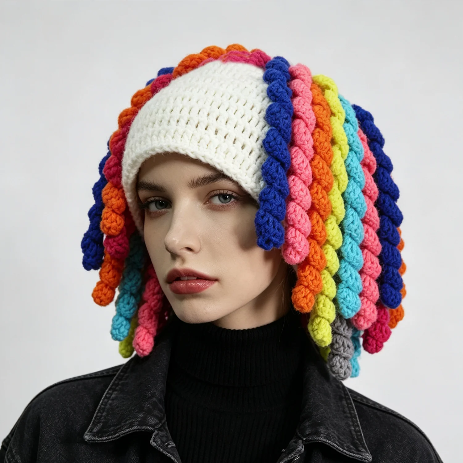 Women Colorful Dreadlock Crochet Wig Beanie Hat Men Handmade Knitted Hairpiece Headband Party Music Festival Cosplay Cap