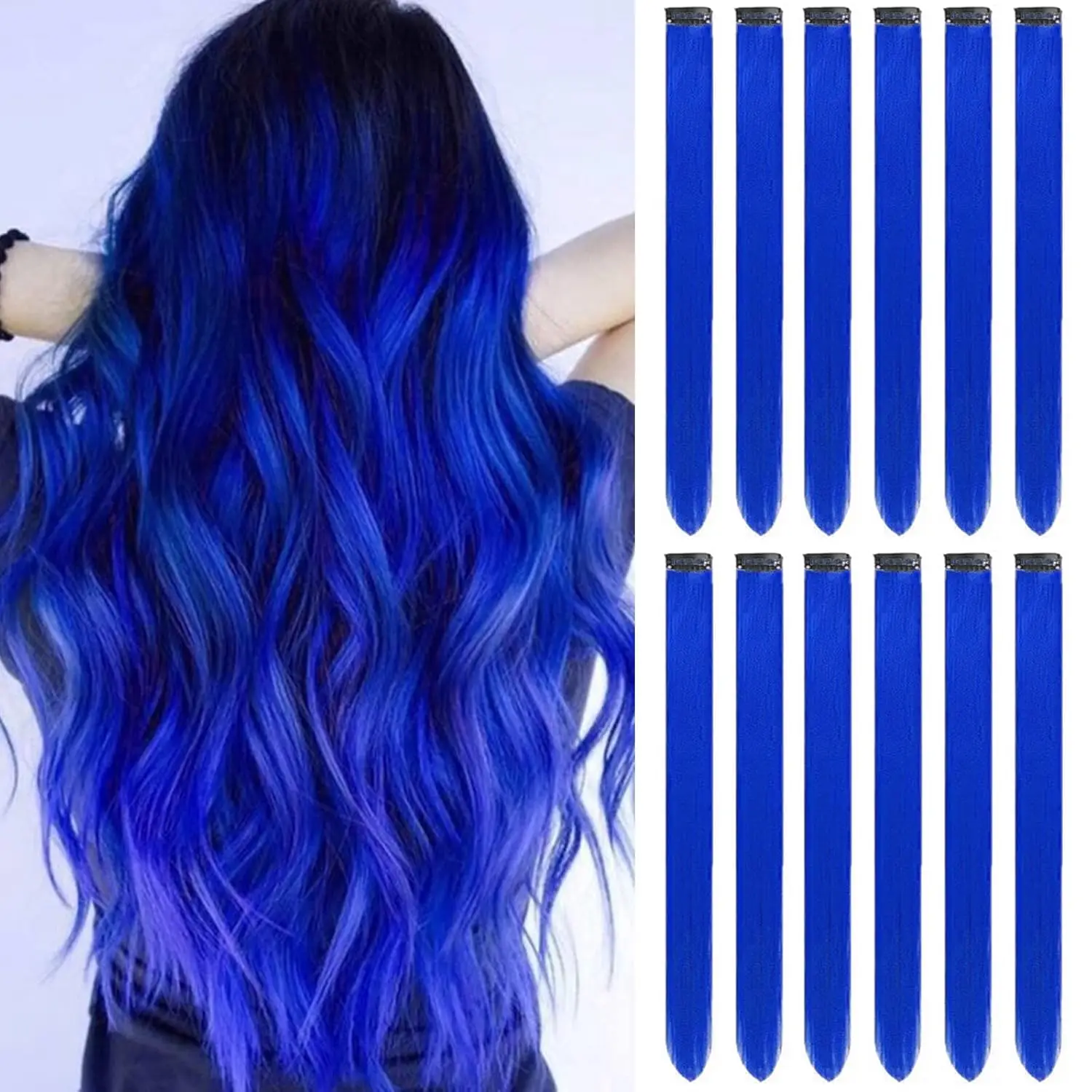 

Blue Hair Extensions Clip in, Colored Party Highlights Extension for Kids Girls Synthetic Hairpiece Straight 22 inch