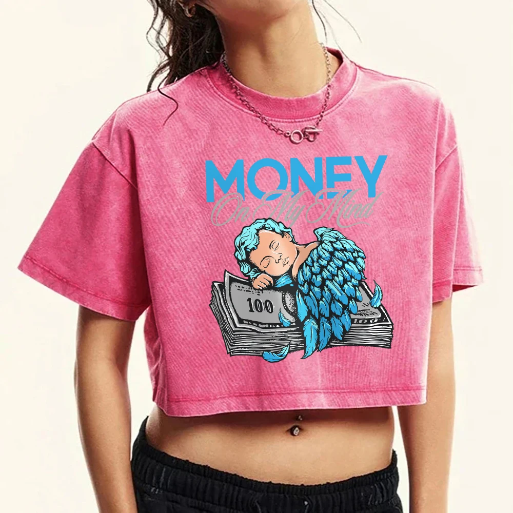 The Angel Boy Sleeping On Money Printed Washed T-Shirt Women Slim Cotton T Shirts Fashion Short Sleeve All-Match Casual Crop Top