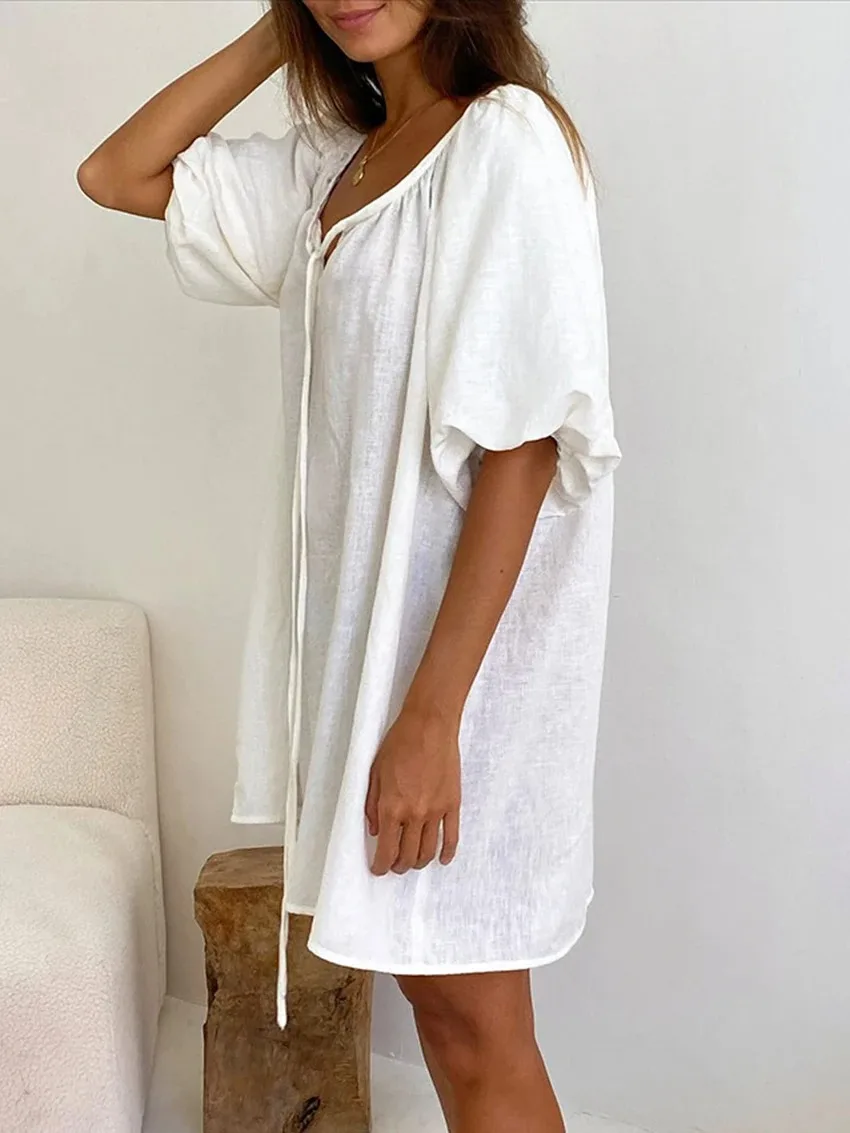 

2026 100%Cotton Loose Ladies Nightwear Lace Up Nightgowns Half Sleeve Sleepwear V-Neck Pajama Casual Mini Dress Female Nightie