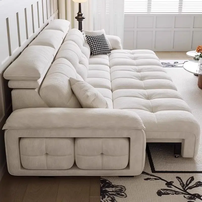 

Fabric sofa bed zero against the wall French cream wind living room voice electric telescopic function home theater