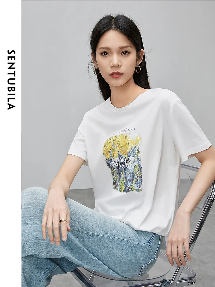 SENTUBILA 100% Cotton Art Print T Shirt for Women 2024 Casual Straight Summer Tops Short Sleeve Womens Basic Tee Shirt 132T47969