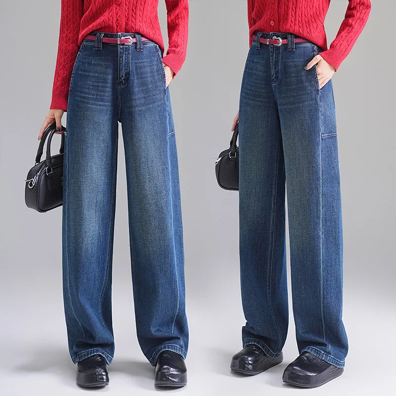 Celana Denim Scythe Wide-Leg untuk Wanita, Celana Banana Lurus Ketat Model High-Waisted Longgar untuk Musim Semi dan Gugur Terbaru