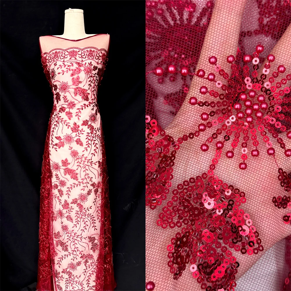 

Red French African Beaded Mesh Lace Fabrics High Quality Lace Nigerian Net Sequins Lace Fabrics for Sewing Woman Wedding Dress