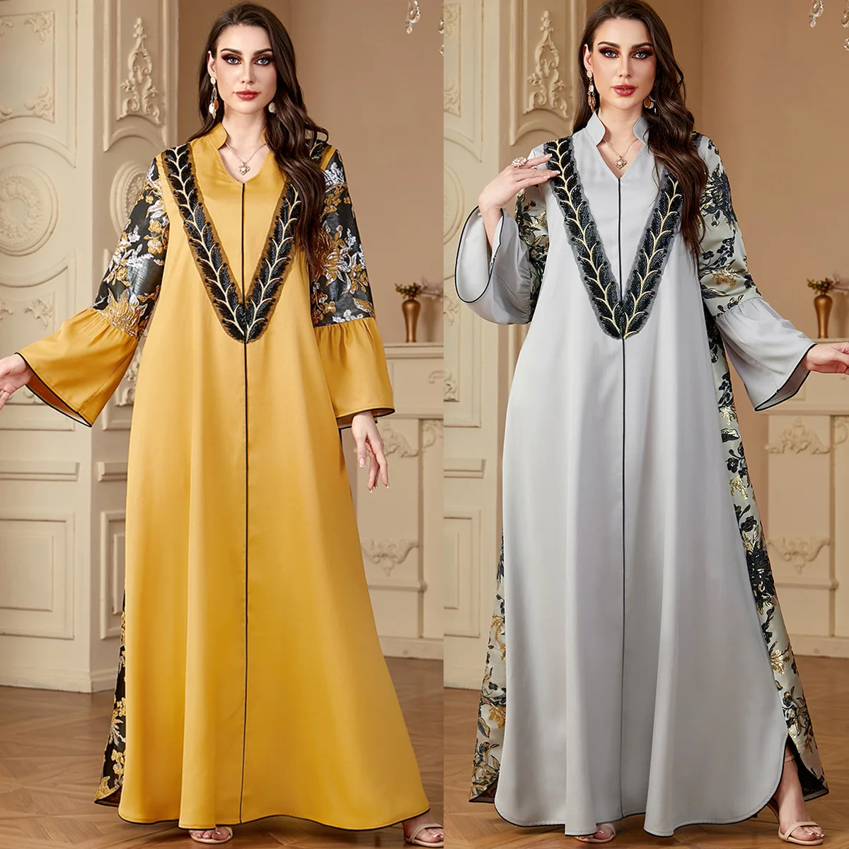 4174 Muslim long robe women's long skirt jacquard splicing contrasting embroidery V-neck long sleeved dress