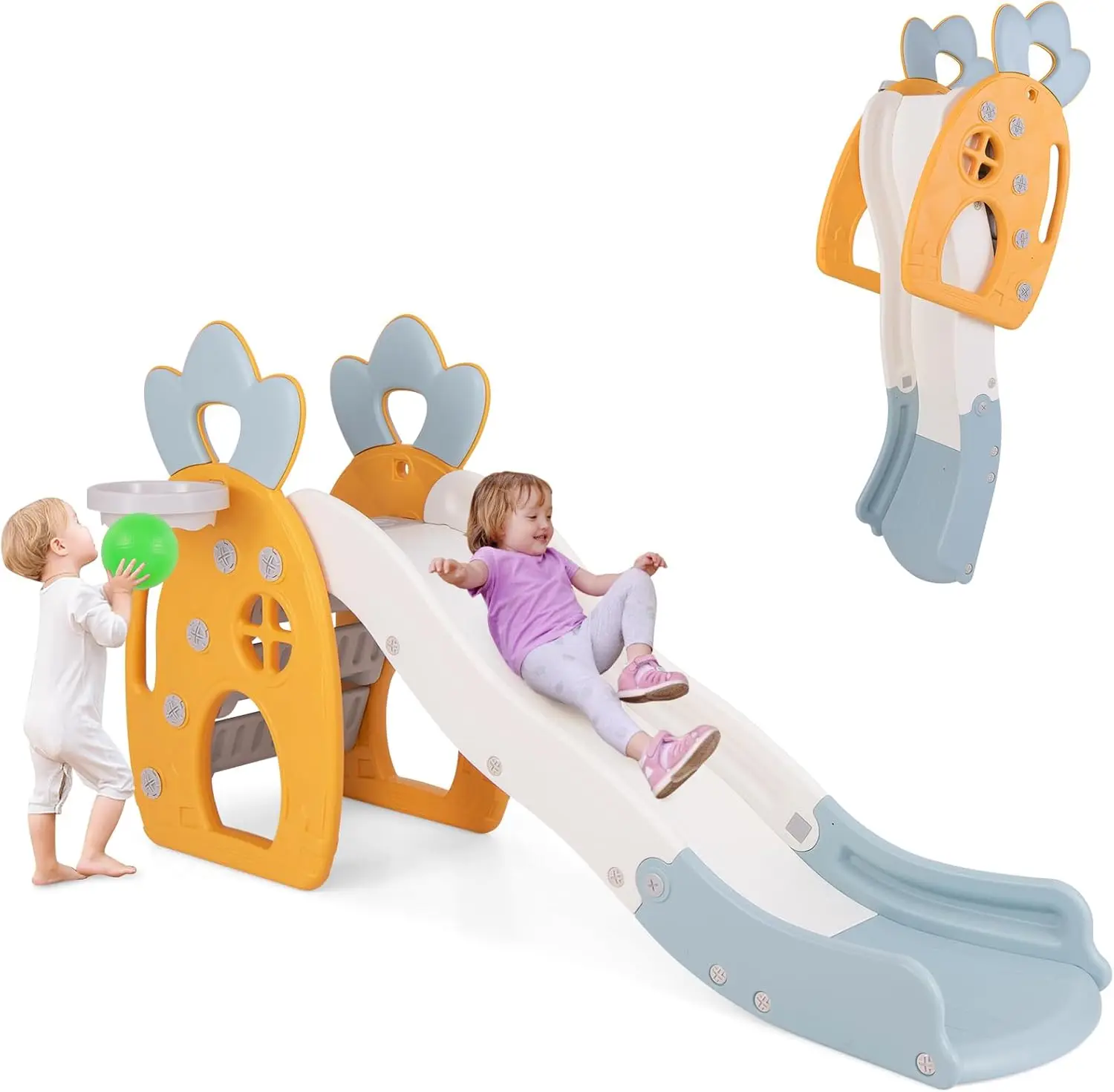 Scivolo per bambini, scivolo indipendente 3 in 1 per bambini, set da gioco per ananas per interni ed esterni con canestro da basket e palla, scalatore per scaletta