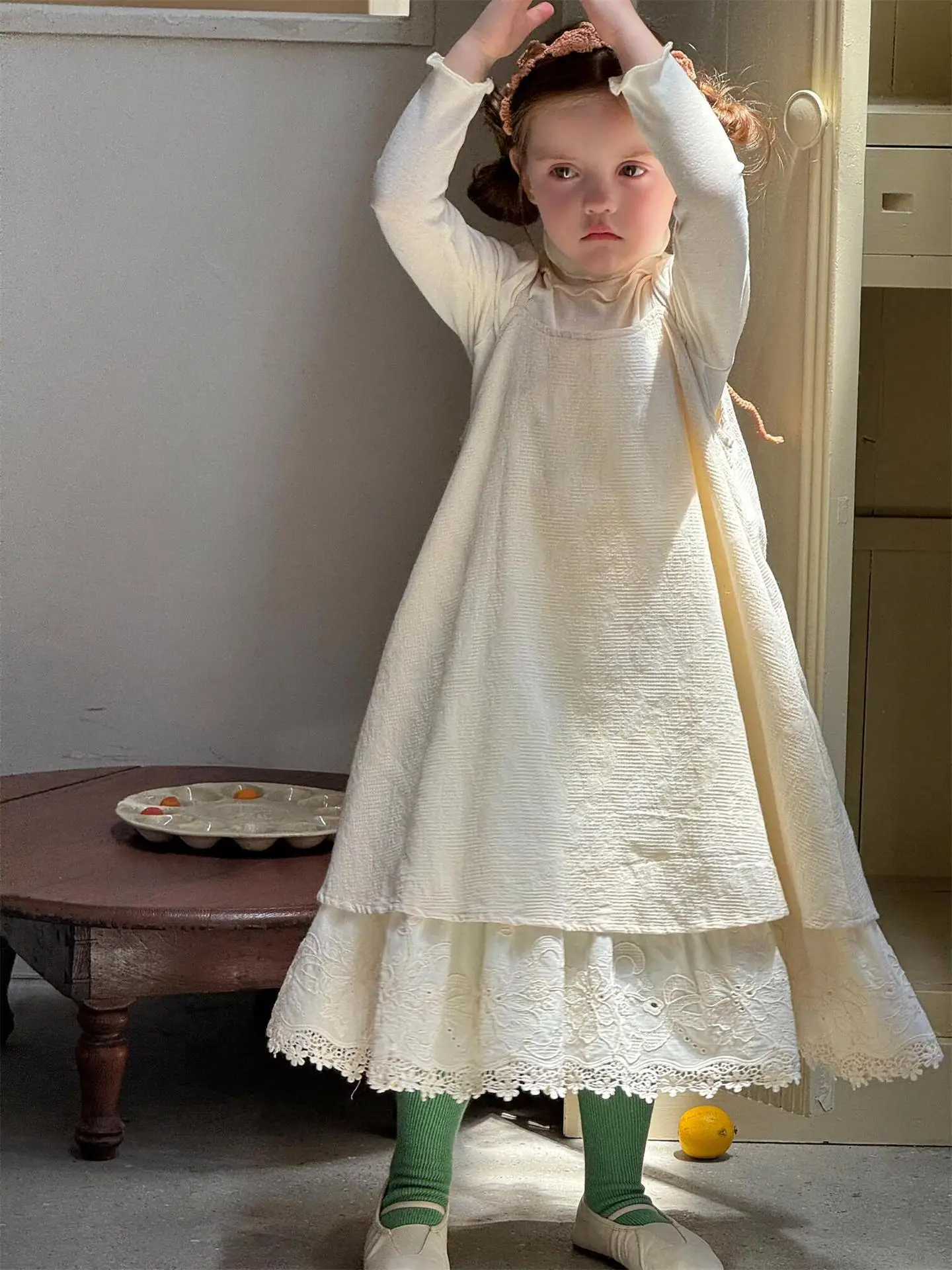 

2025 Spring Autumn New Girls Suspender Dress Solid Strap Lace Stacked Dress Korean Children Clothing