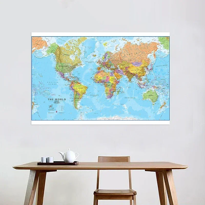 Mapa político del mundo de 150x100cm, póster de pared detallado, pinturas en lienzo impresas transparentes, decoración del hogar para el aula, suministros escolares