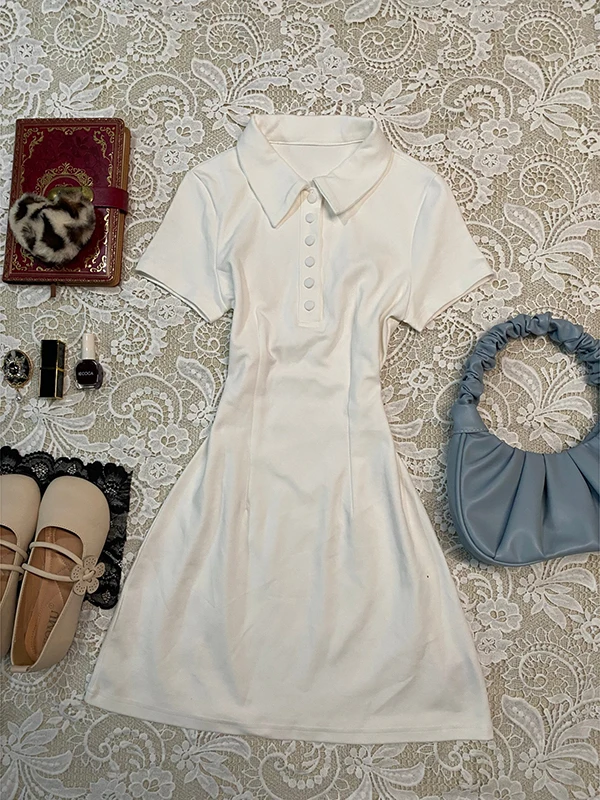 

Original White A-Line Dr Girls Vintage Feel Summer Cotton ort Sve Waist Cinched Collar Pure Color BYSN-2503030p