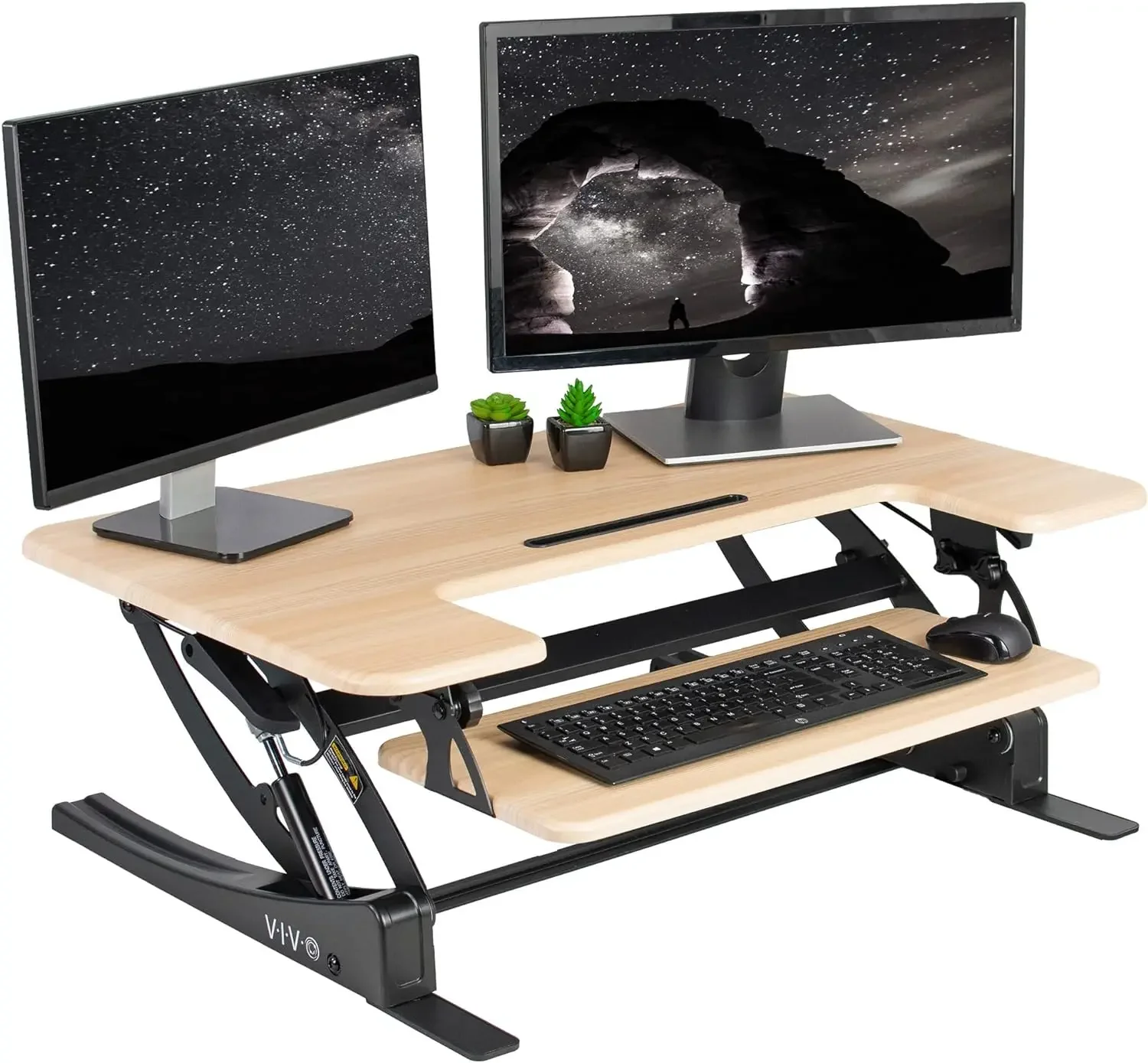 

36 "height adjustable vertical desk converter, standtop dual monitor riser workstation, light wood top, black frame