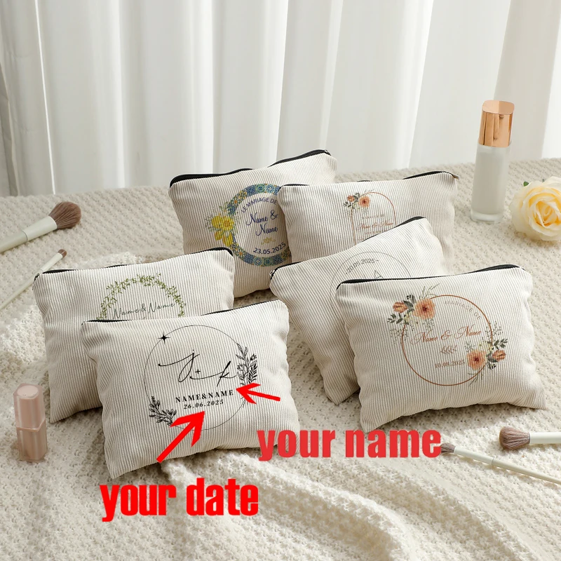 

Personalized Name Boho Flowers Garland Patterns Corduroy Zipper Pouch Makeup Bag Travel for Women Wedding Guest Bridesmaid Gifts