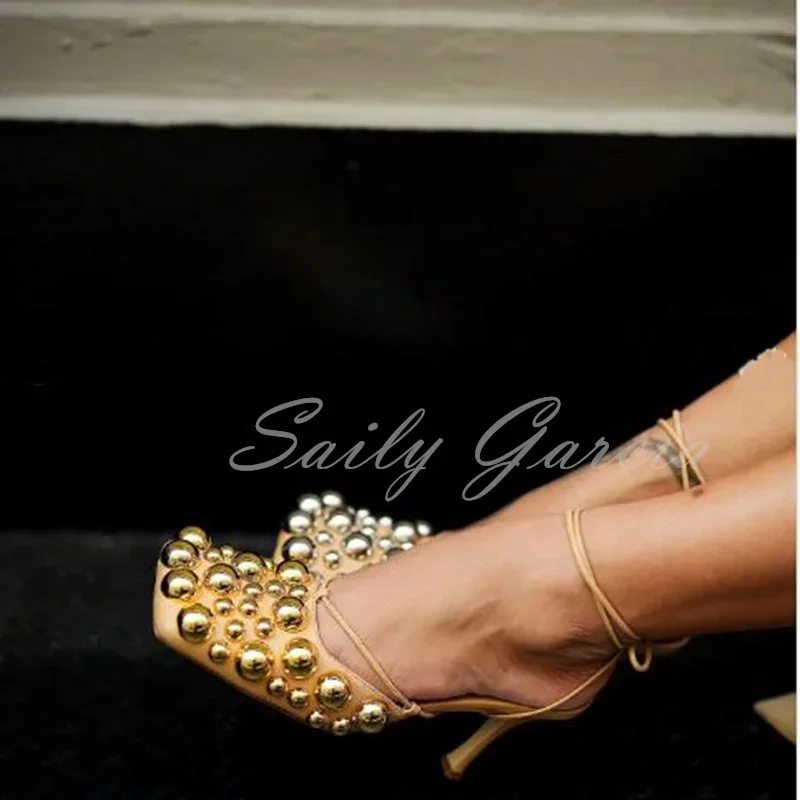 Gold Silver Studs High Heel Sandals Women Square Toe Beaded Stiletto Heel Lace Up Ankle Strap Evening Embellished Dress Shoes
