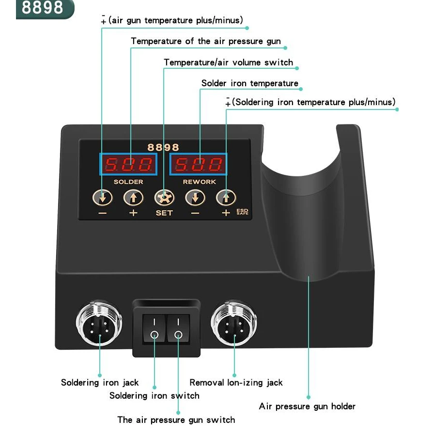 Handif 8898 Professional 2 in 1 stazione di rilavorazione per pistola ad aria calda per saldatura Display elettronico stazione di saldatura